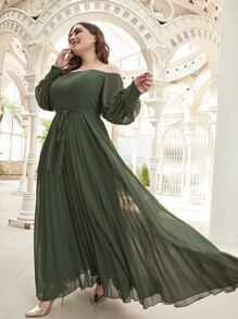 Modelyn Plus Transparent Strap Pleated Belted Dress - Army Green - View 1