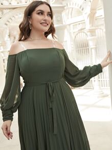 Modelyn Plus Transparent Strap Pleated Belted Dress - Army Green - View 3