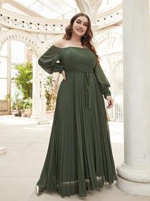 Modelyn Plus Transparent Strap Pleated Belted Dress - Army Green - View 4