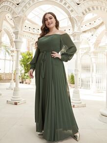 Modelyn Plus Transparent Strap Pleated Belted Dress - Army Green - View 5