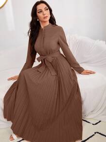 Modelyn Hidden Zipper Pleated Hem Belted Dress - Coffee Brown - View 1