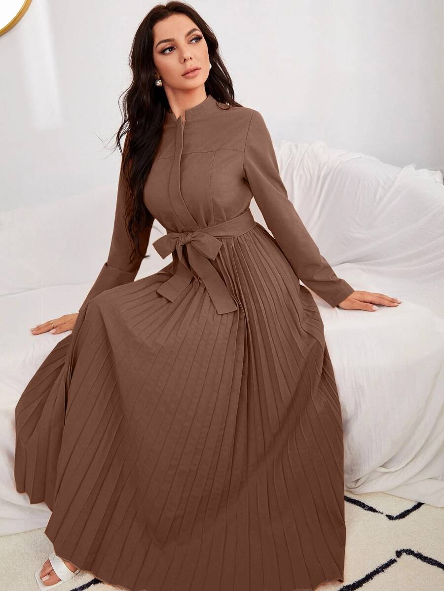 Modelyn Hidden Zipper Pleated Hem Belted Dress - Coffee Brown - View 1