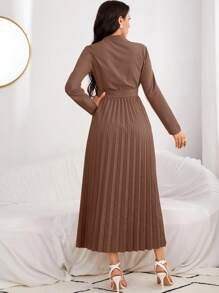 Modelyn Hidden Zipper Pleated Hem Belted Dress - Coffee Brown - View 2