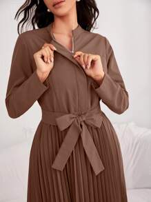 Modelyn Hidden Zipper Pleated Hem Belted Dress - Coffee Brown - View 3