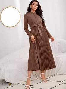 Modelyn Hidden Zipper Pleated Hem Belted Dress - Coffee Brown - View 5
