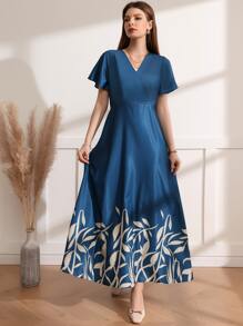 Mulvari Plant Print Flutter Sleeve Overlap Collar Dress Without Belt