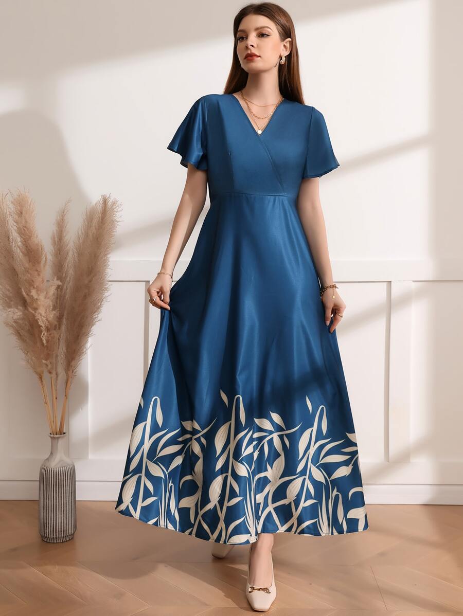 Mulvari Plant Print Flutter Sleeve Overlap Collar Dress Without Belt