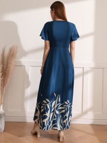 Mulvari Plant Print Flutter Sleeve Overlap Collar Dress Without Belt