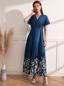 Mulvari Plant Print Flutter Sleeve Overlap Collar Dress Without Belt