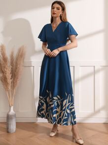 Mulvari Plant Print Flutter Sleeve Overlap Collar Dress Without Belt