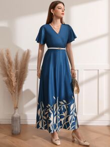 Mulvari Plant Print Flutter Sleeve Overlap Collar Dress Without Belt