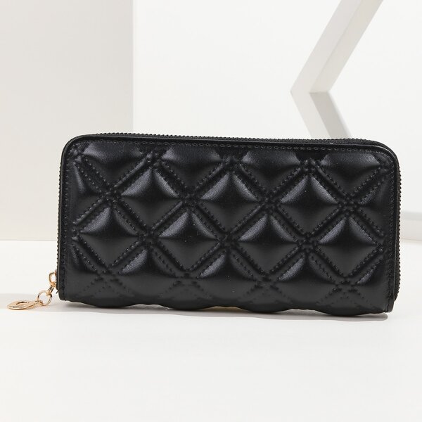 

Quilted Embossed Zip Long Wallet, Black