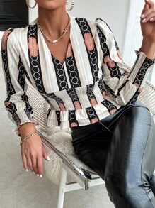 SHEIN Unity 條紋和錬條圖案打褶多層荷葉邊襯衫 - 彩色 - 查看 1