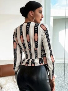 SHEIN Unity 條紋和錬條圖案打褶多層荷葉邊襯衫 - 彩色 - 查看 2