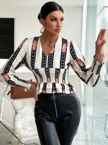 SHEIN Unity 條紋和錬條圖案打褶多層荷葉邊襯衫 - 彩色 - 查看 3