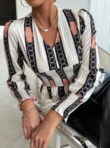 SHEIN Unity 條紋和錬條圖案打褶多層荷葉邊襯衫 - 彩色 - 查看 6