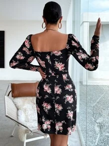 Aveloria 印花方領燈籠袖緊身連衣裙 - 彩色 - 查看 2