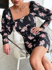 Aveloria 印花方領燈籠袖緊身連衣裙 - 彩色 - 查看 4