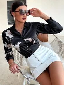 印花前紐扣緞面襯衫 - 黑色 - 查看 1