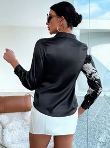 印花前紐扣緞面襯衫 - 黑色 - 查看 2