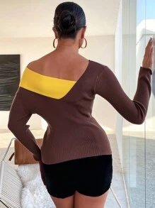GENKIRA Contrast Panel Split Sleeve Asymmetrical Neck Sweater Knit Pullover Fall Winter - Rust Brown - View 2