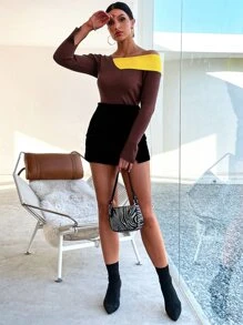 GENKIRA Contrast Panel Split Sleeve Asymmetrical Neck Sweater Knit Pullover Fall Winter - Rust Brown - View 3
