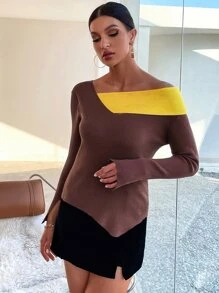 GENKIRA Contrast Panel Split Sleeve Asymmetrical Neck Sweater Knit Pullover Fall Winter - Rust Brown - View 4