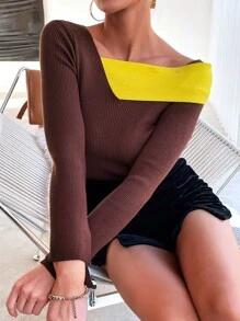 GENKIRA Contrast Panel Split Sleeve Asymmetrical Neck Sweater Knit Pullover Fall Winter - Rust Brown - View 6