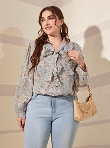 SHEIN LUNE Blusa con estampado floral de cuello con cordón ribete con fruncido - Multicolor - Ver 1
