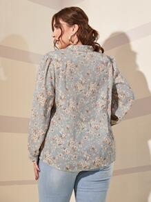 SHEIN LUNE Blusa con estampado floral de cuello con cordón ribete con fruncido - Multicolor - Ver 2