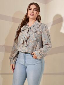 SHEIN LUNE Blusa con estampado floral de cuello con cordón ribete con fruncido - Multicolor - Ver 3