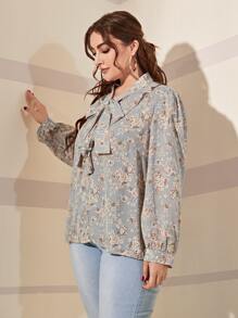 SHEIN LUNE Blusa con estampado floral de cuello con cordón ribete con fruncido - Multicolor - Ver 4