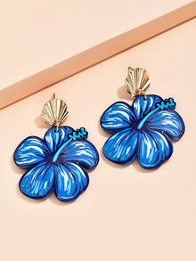 花朵掛飾耳墜 - 藍色 - 查看 2