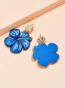 花朵掛飾耳墜 - 藍色 - 查看 3