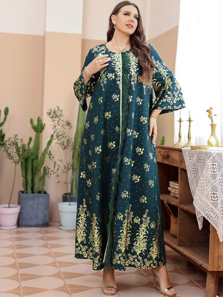 Plus Gold Floral Print Fringe Trim Dress - Dark Green - View 3