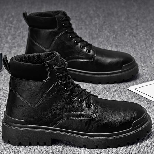 

Men Vintage Design Lace-up Front Boots, Black