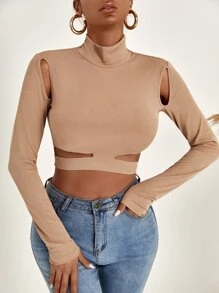 Áo thun nữ Cắt ra Gân đan màu trơn Giải trí - Màu Khaki - Xem 1