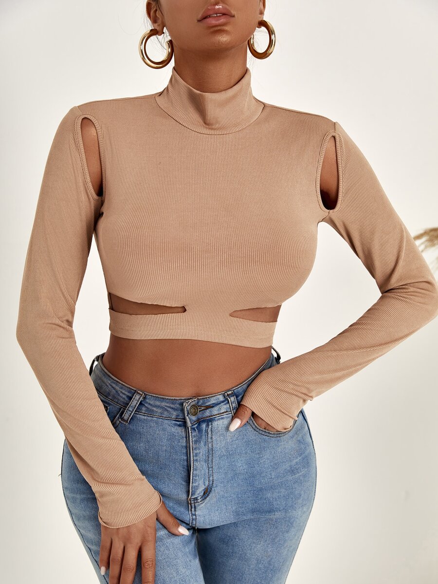 Áo thun nữ Cắt ra Gân đan màu trơn Giải trí - Màu Khaki - Xem 1