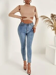 Áo thun nữ Cắt ra Gân đan màu trơn Giải trí - Màu Khaki - Xem 3