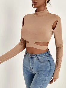 Áo thun nữ Cắt ra Gân đan màu trơn Giải trí - Màu Khaki - Xem 4