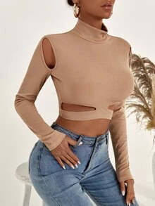 Áo thun nữ Cắt ra Gân đan màu trơn Giải trí - Màu Khaki - Xem 5