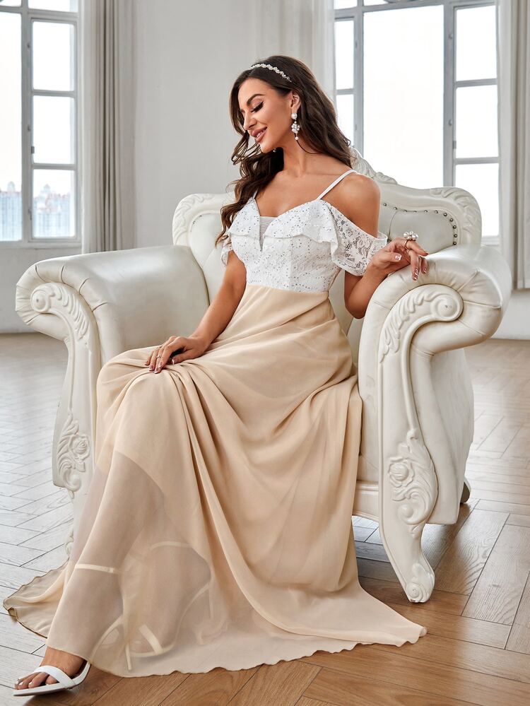 Contrast Lace Sequin Decor Cold Shoulder Chiffon Bridesmaid Dress