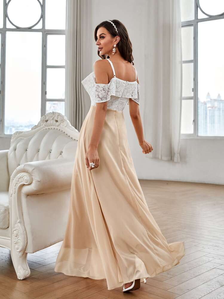 Contrast Lace Sequin Decor Cold Shoulder Chiffon Bridesmaid Dress