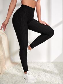 Breathable Honeycomb Textured Sports Leggings - Black - View 1