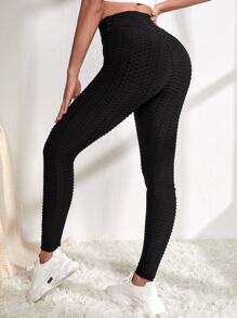 Breathable Honeycomb Textured Sports Leggings - Black - View 2