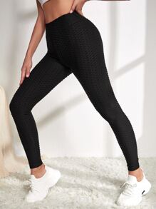 Breathable Honeycomb Textured Sports Leggings - Black - View 4