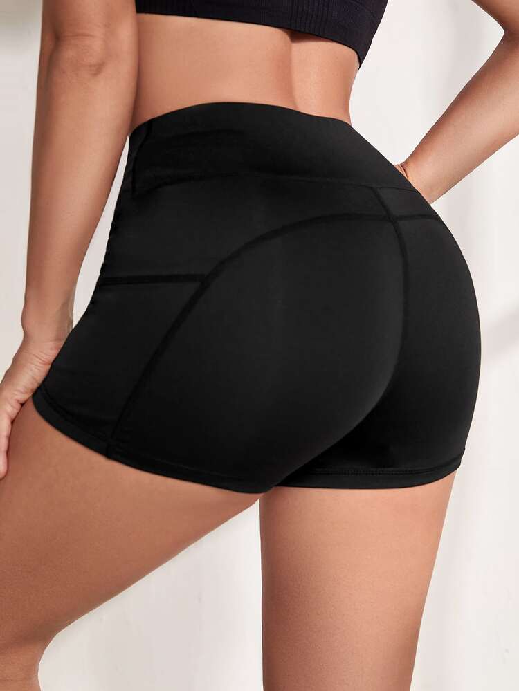 Yoga Basic Absorbs Sweat Breathable Sports Biker Shorts With Phone Pocket - Black - View 2