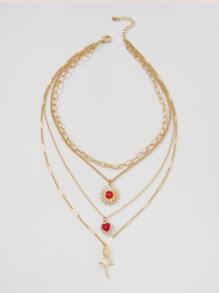 Mydear 1pc Minimalist Multi-Layer Geometric Alloy Heart & Rose Flower Pendant Necklace, Suitable For Women's Daily Wear - Yellow Gold - View 2