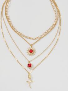 Mydear 1pc Minimalist Multi-Layer Geometric Alloy Heart & Rose Flower Pendant Necklace, Suitable For Women's Daily Wear - Yellow Gold - View 3