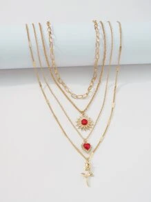 Mydear 1pc Minimalist Multi-Layer Geometric Alloy Heart & Rose Flower Pendant Necklace, Suitable For Women's Daily Wear - Yellow Gold - View 5